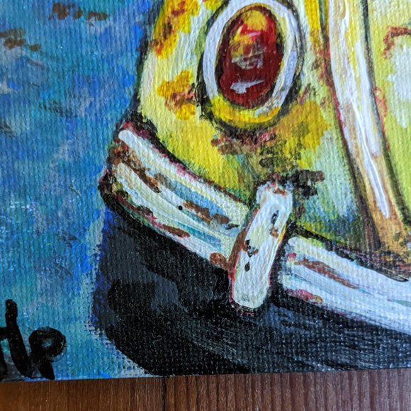 Set of 2 ORIGINAL PAINTINGS 4" x 6" Vintage Volkswagen Beetle Bug Yellow Blue - Picture 7 of 11